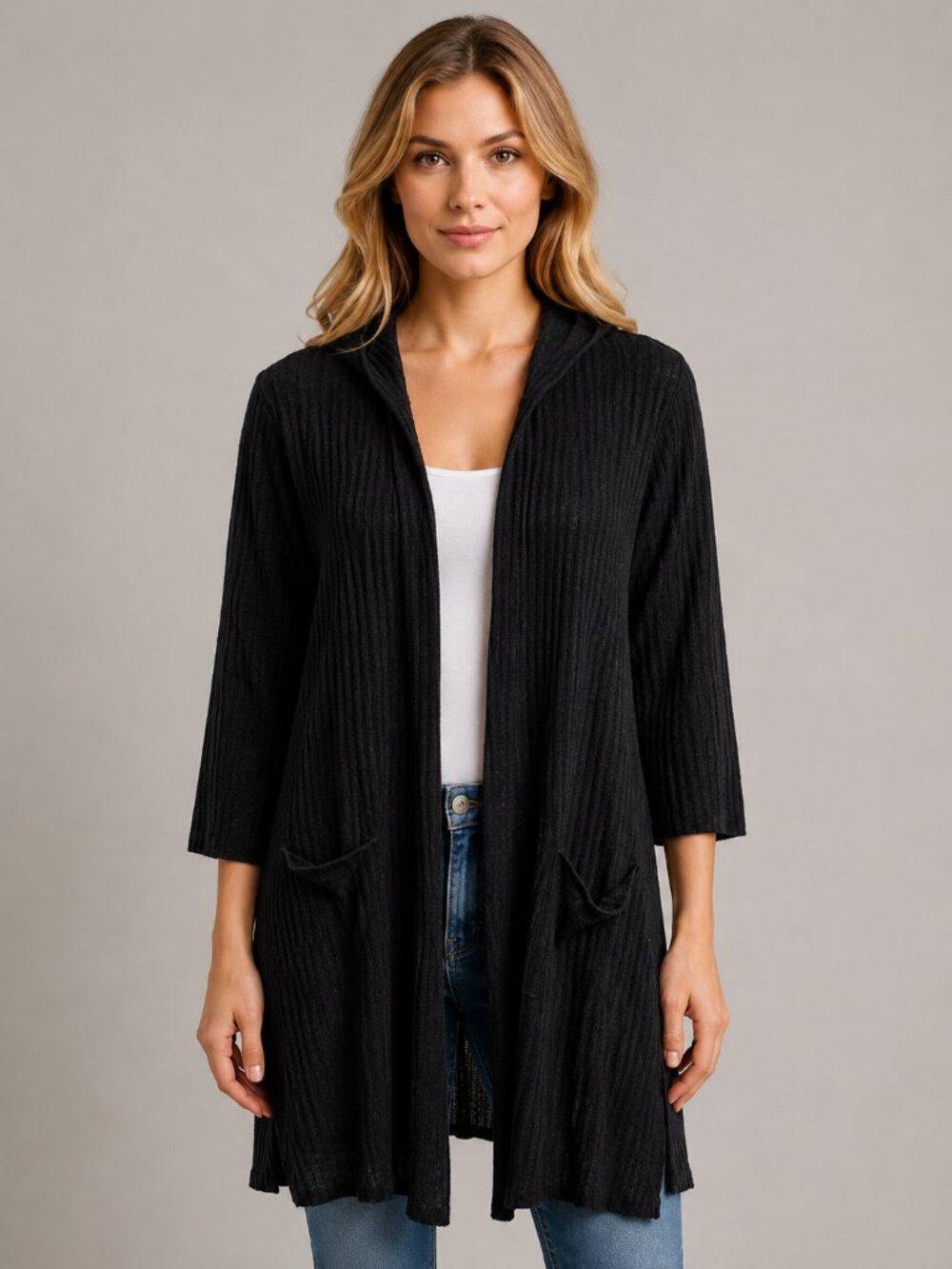 Amazon Essentials 1X Black Lightweight Longline Open Front Cardigan Pockets